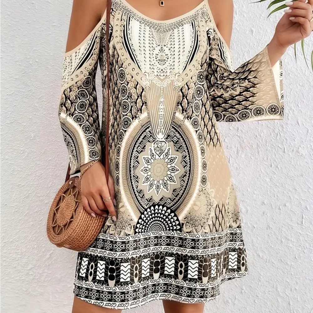 Bohemian Off-Shoulder Dress in Black and Cream